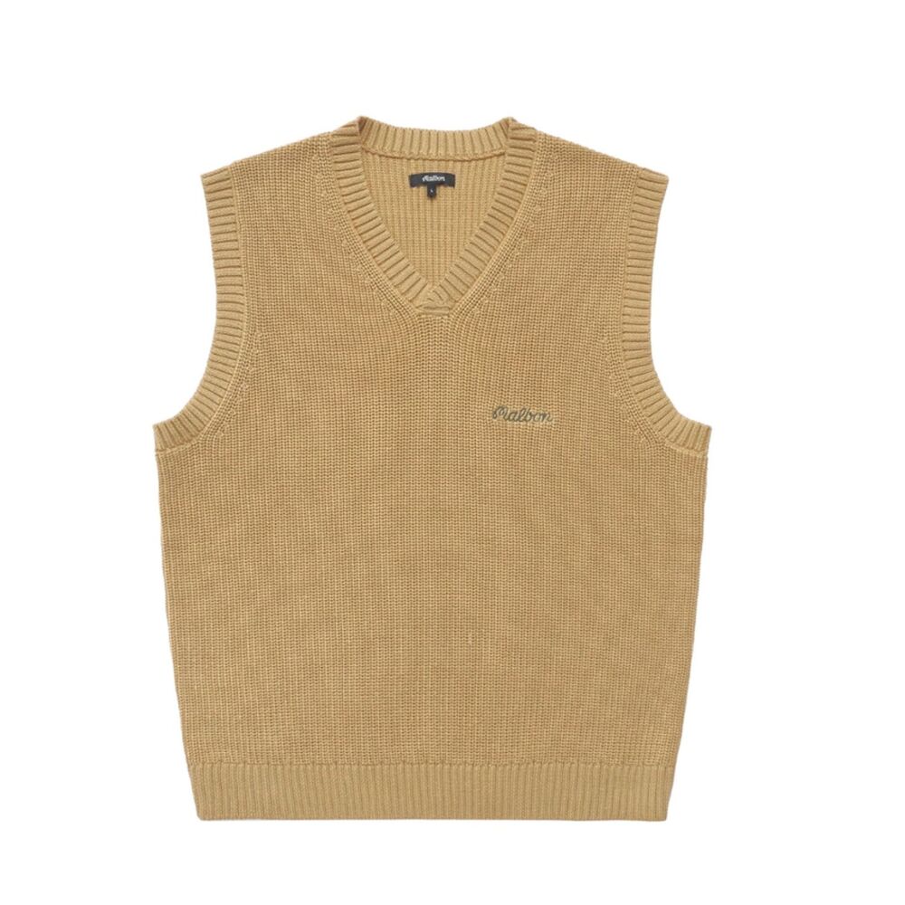 Malbon Golf Mens Sunday Knit Sweater Vest Tan Beige V-Neck Logo